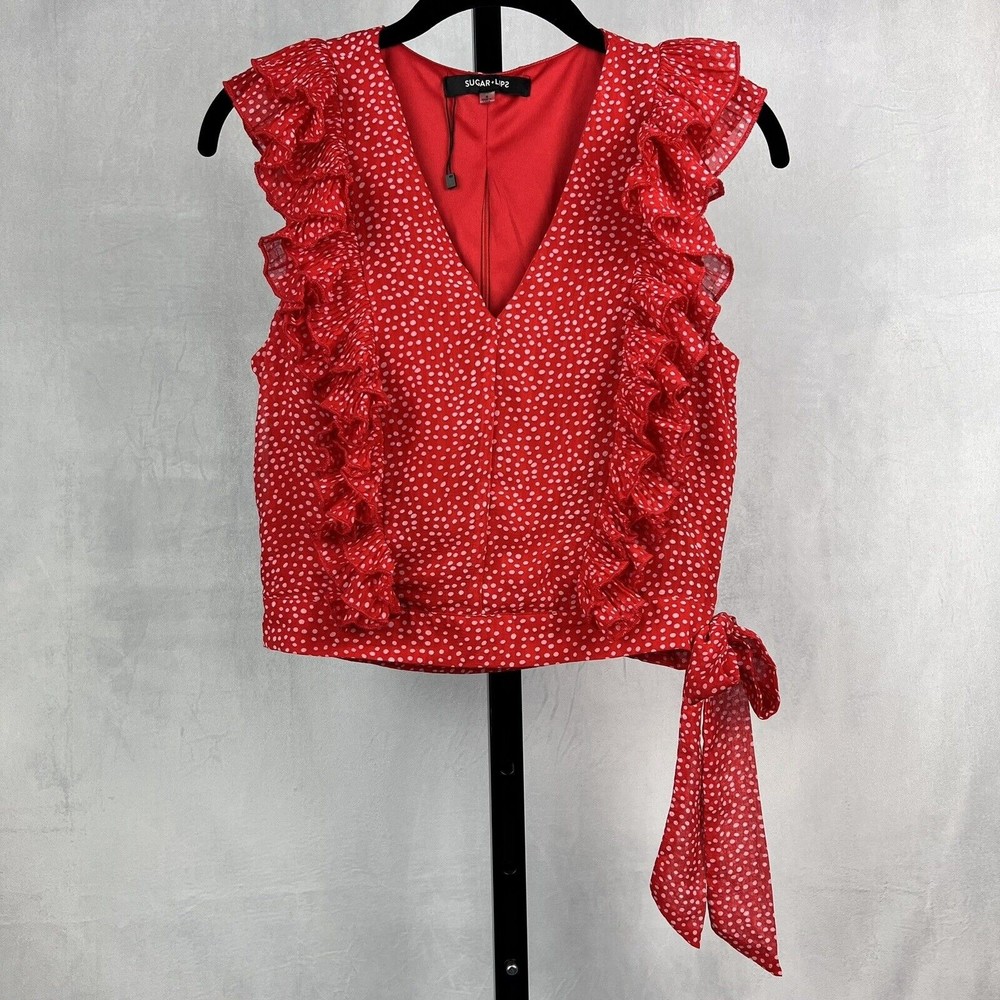Sugar+Lips Top Womens Small Red Polka Dot Ruffle Crop Zip Up Tie Waist Blouse